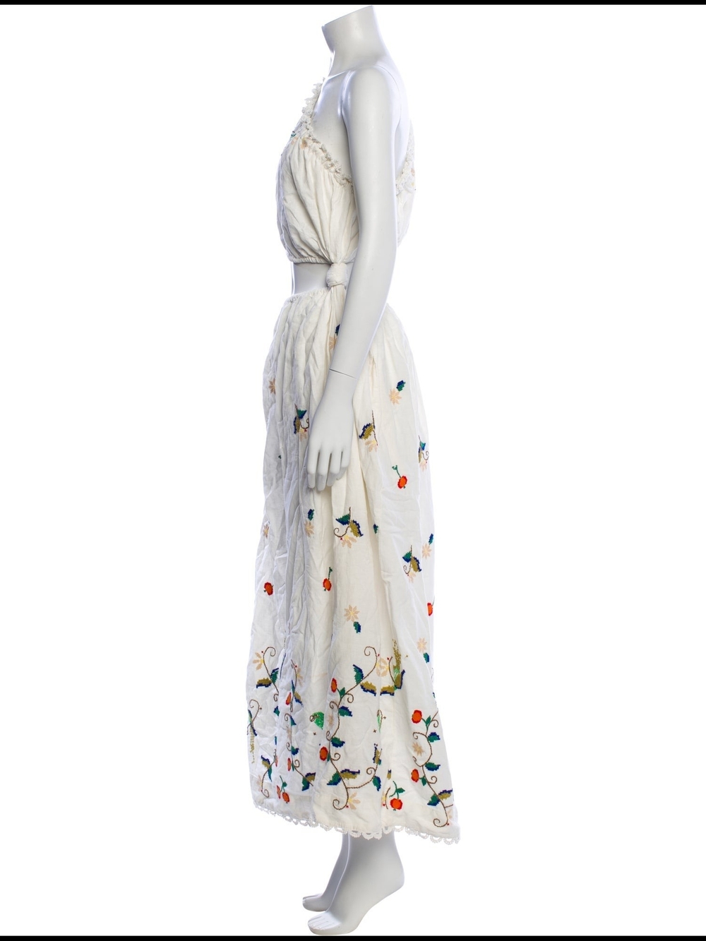 FARM Rio Embroidered One-Shoulder Side-knot Dress in Ivory w/Colorful Bird Motif - Picture 2 of 3